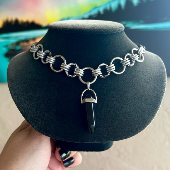 Handmade maille stainless steel cuban chain necklace + black obsidian bullet - Picture 11 of 13